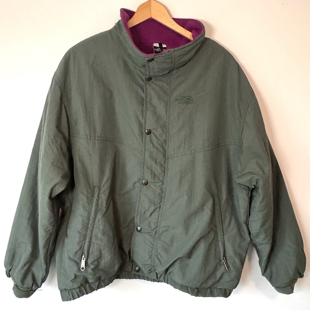Vintage 90s The North Face Reversible Jacket L Green Purple Fleece Nylon Bomber